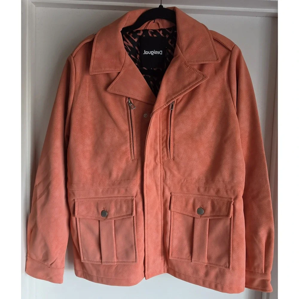 NWT Desigual Women Jacket Size L Orange Solid Collared Long Sleeve Blazer